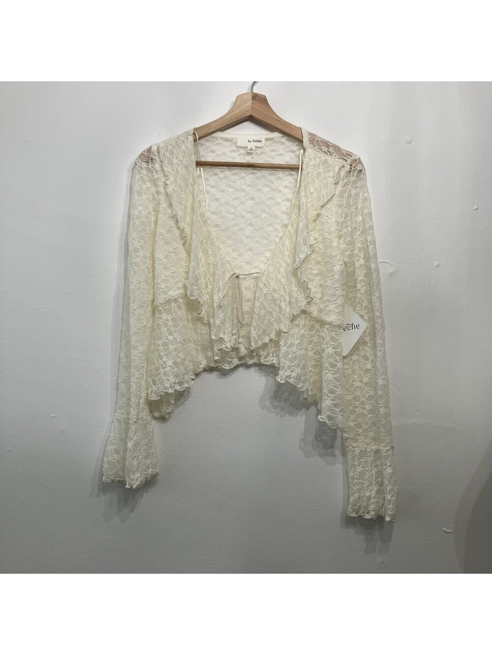 Whimsigoth Fairy Lace Flowy Sheer Tie Asymmetric Flare Sleeve Top Cottage Medium